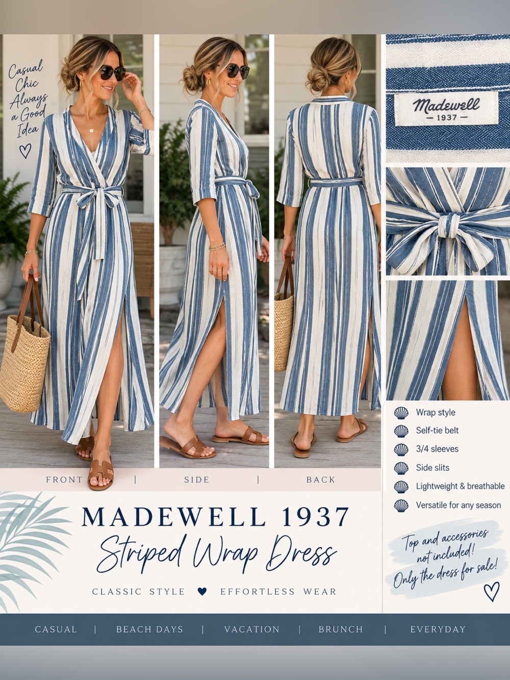 Madewell 1937 Striped Wrap Maxi Dress Blue Ivory Linen Look M